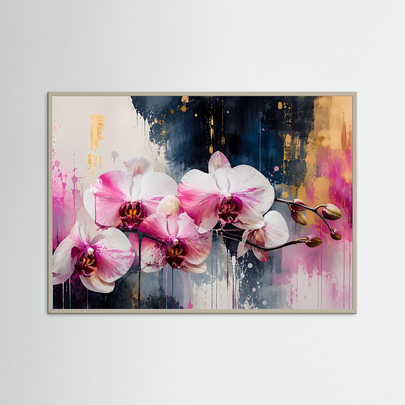 Elegante Rosa Orchideen in Gold | Modernes Florales Wandbild Querformat