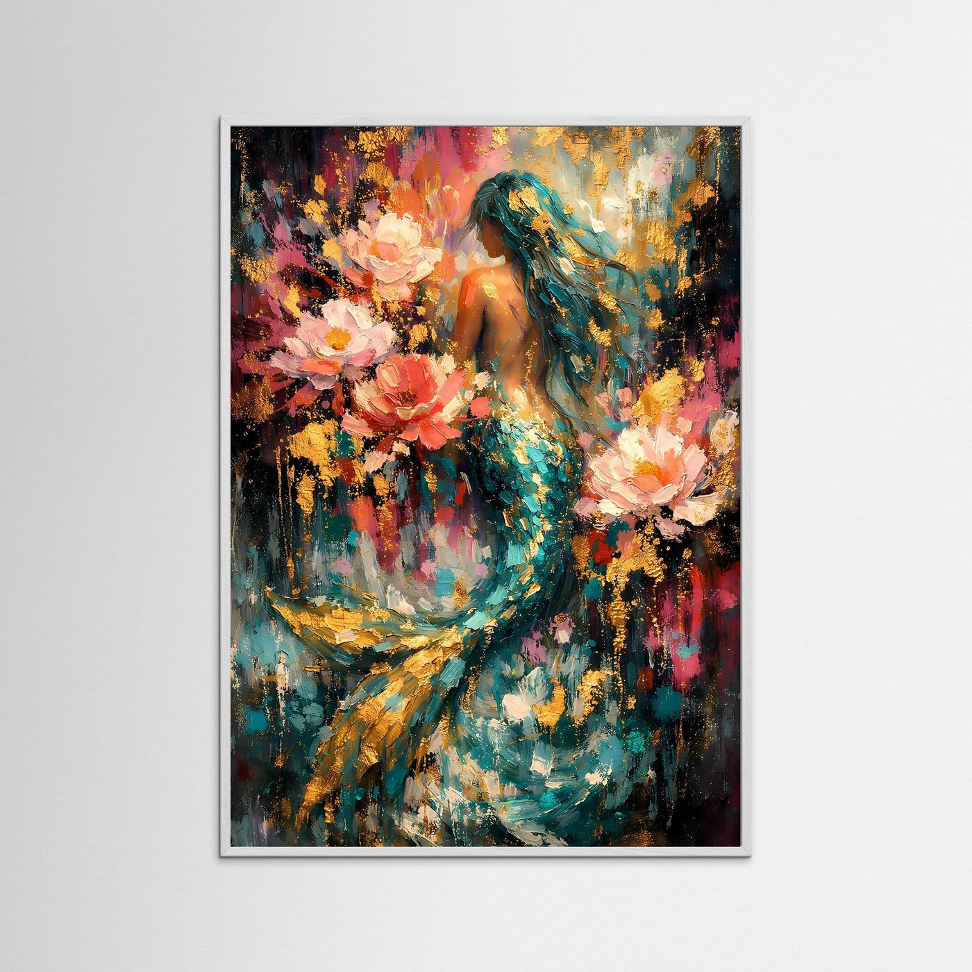 Gerahmtes Fantasy-Kunstposter mit Meerjungfrau; türkisfarbener Schwanz, rosa Blumen und Glanz