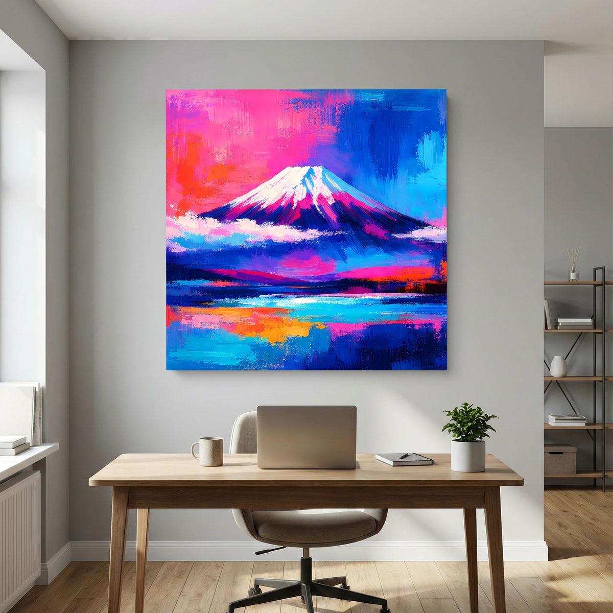 Leinwandbild mit abstraktem Fuji, kräftigen Blau- und Rosatönen sowie orangefarbenem Licht