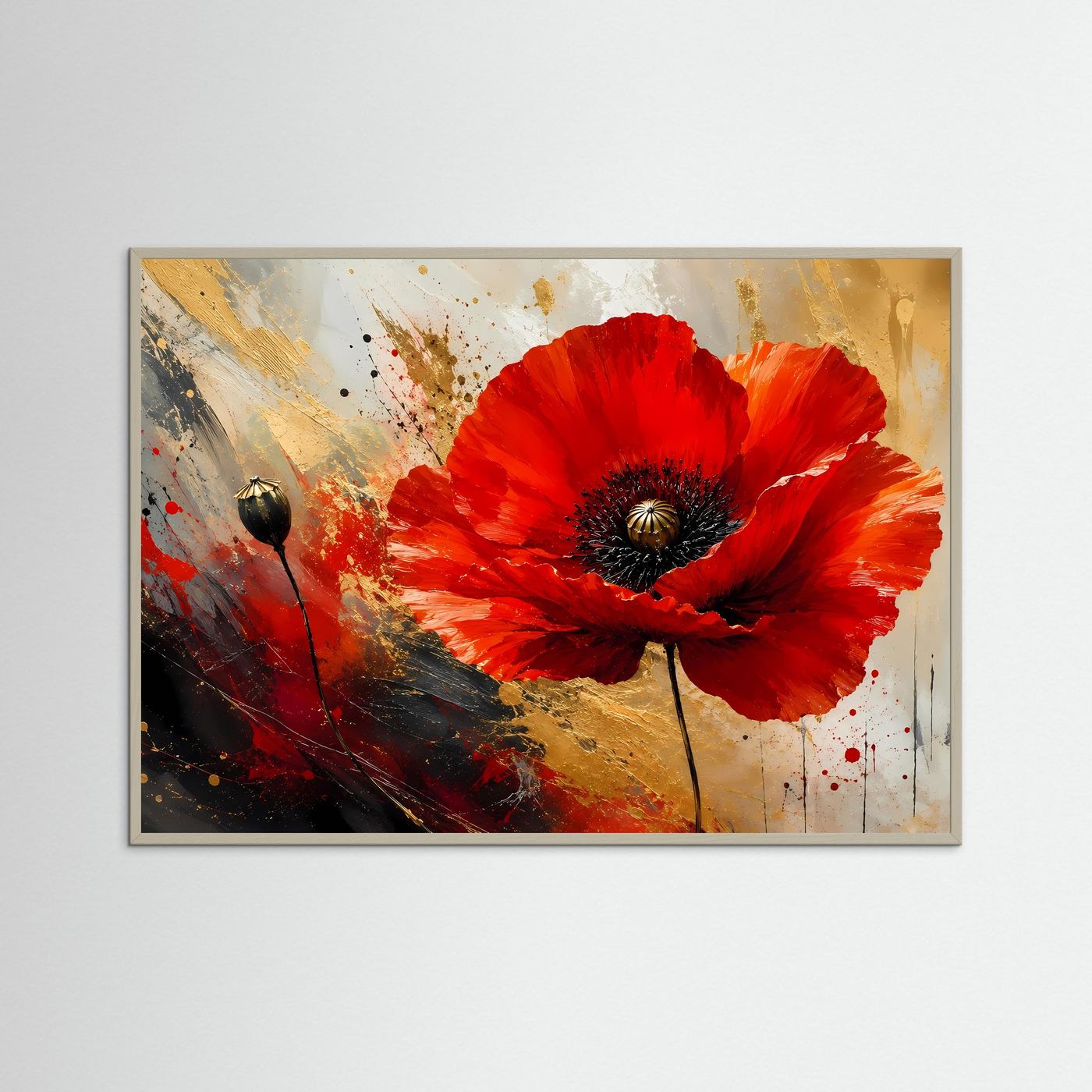 Roter Mohn in Gold & Schwarz | Abstrakte Mohnblume Wandkunst