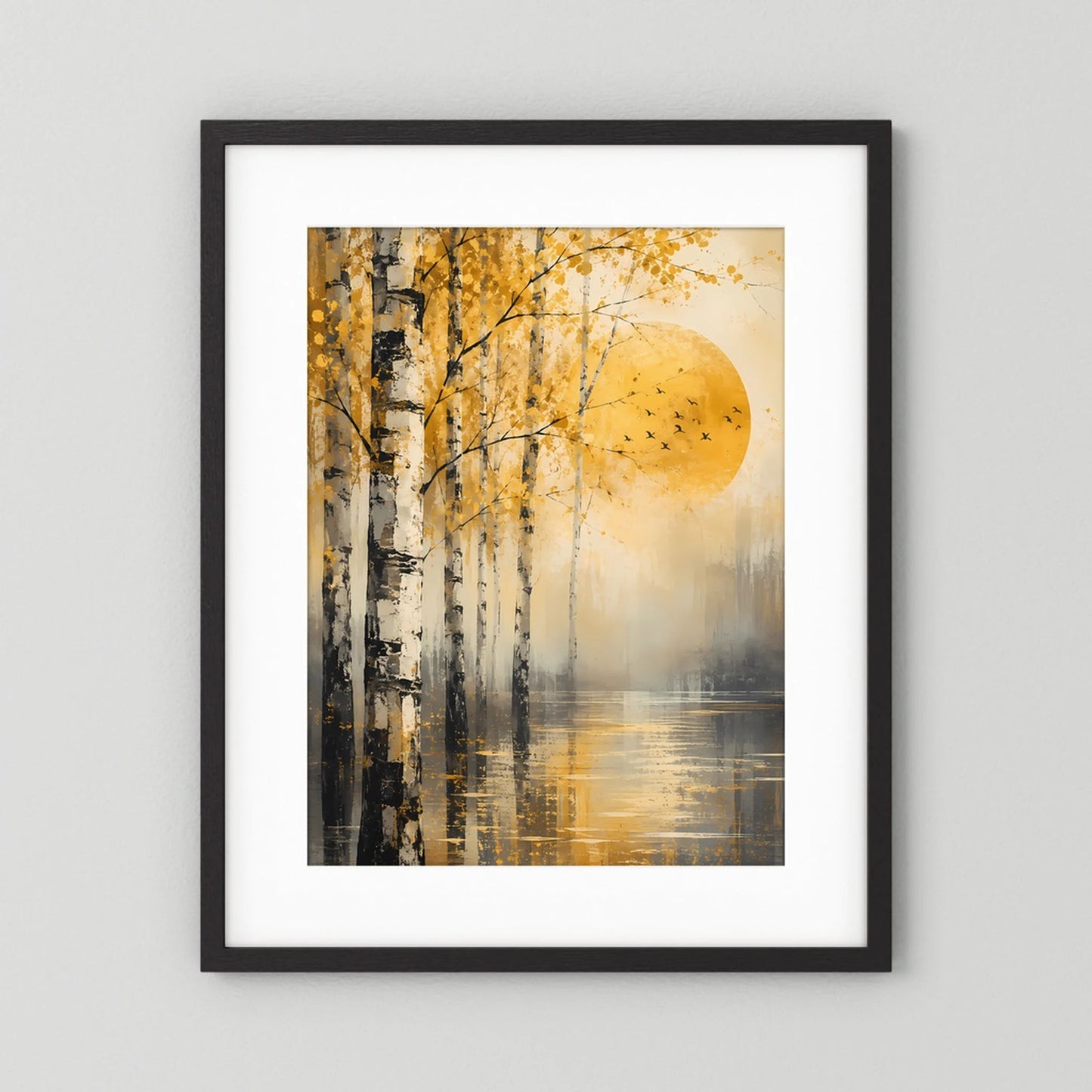 Hochformat-Poster im schwarzen Rahmen mit weißem Rand: Birken, goldene Sonne, Vögel