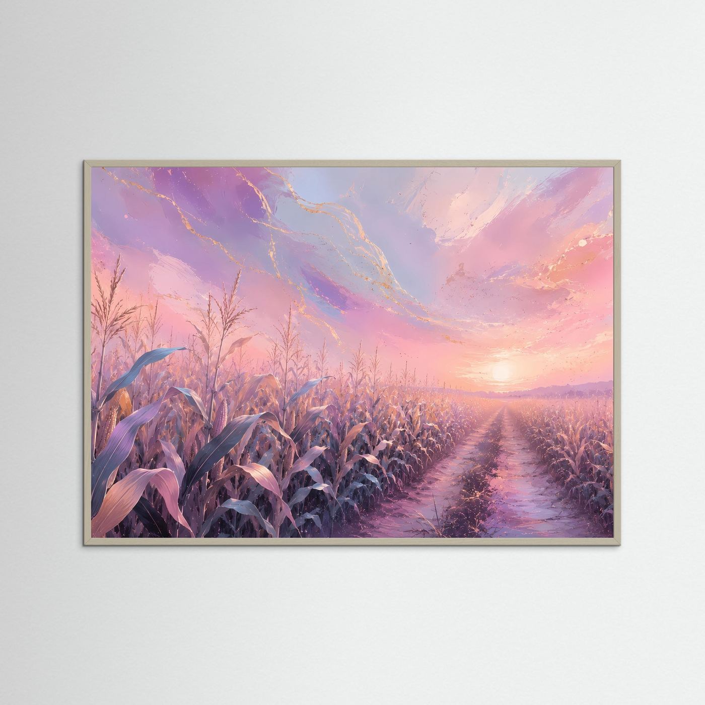 Pastellfarbenes Maisfeld im Sonnenaufgang | Romantisches Landschafts Poster Querformat