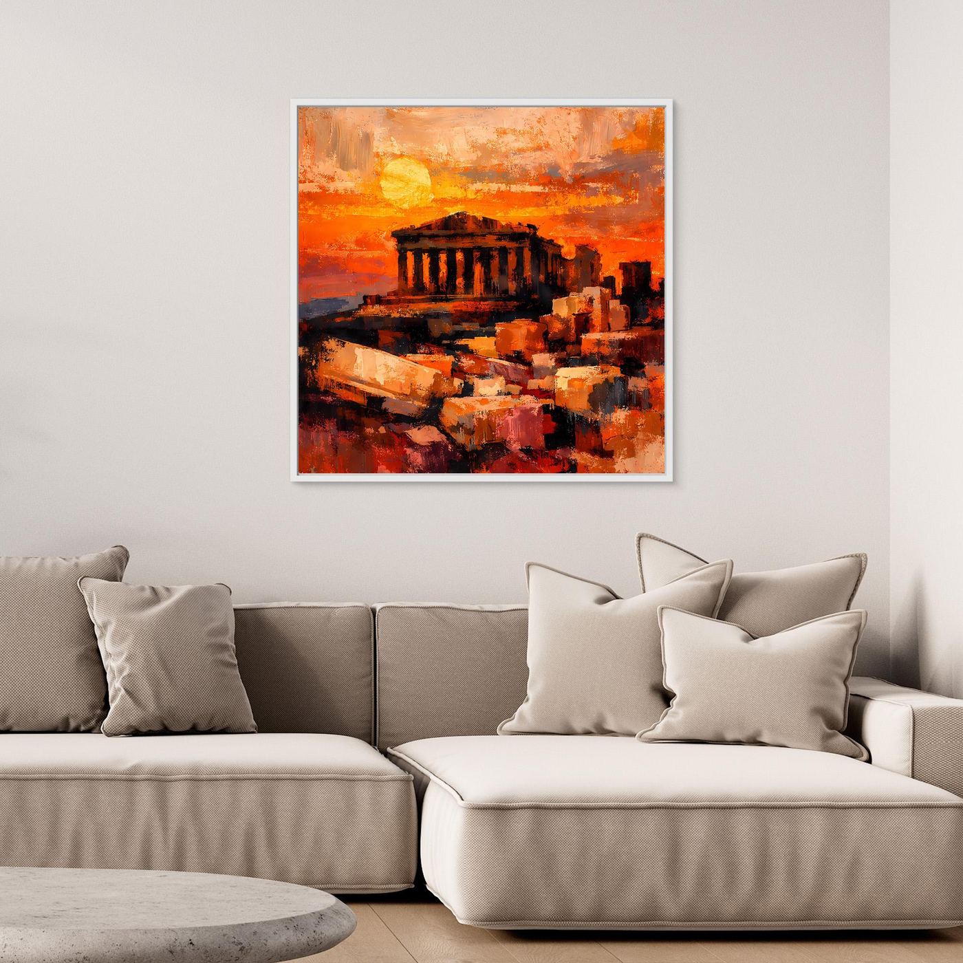 Leinwandbild mit abstraktem Akropolis-Sonnenuntergang, rechteckig, mit weißem Rahmen
