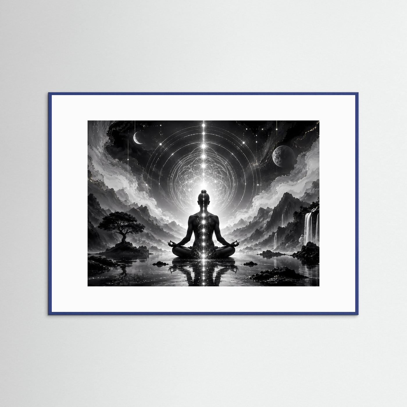 Meditation Schwarz Weiß | Spirituelles Wandbild mit Chakren & Heiliger Geometrie