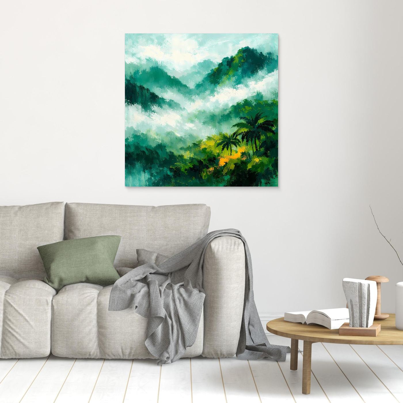 Leinwand Abstraktes Dschungelgebirge im Nebel | Modernes Tropen Wandbild Grün