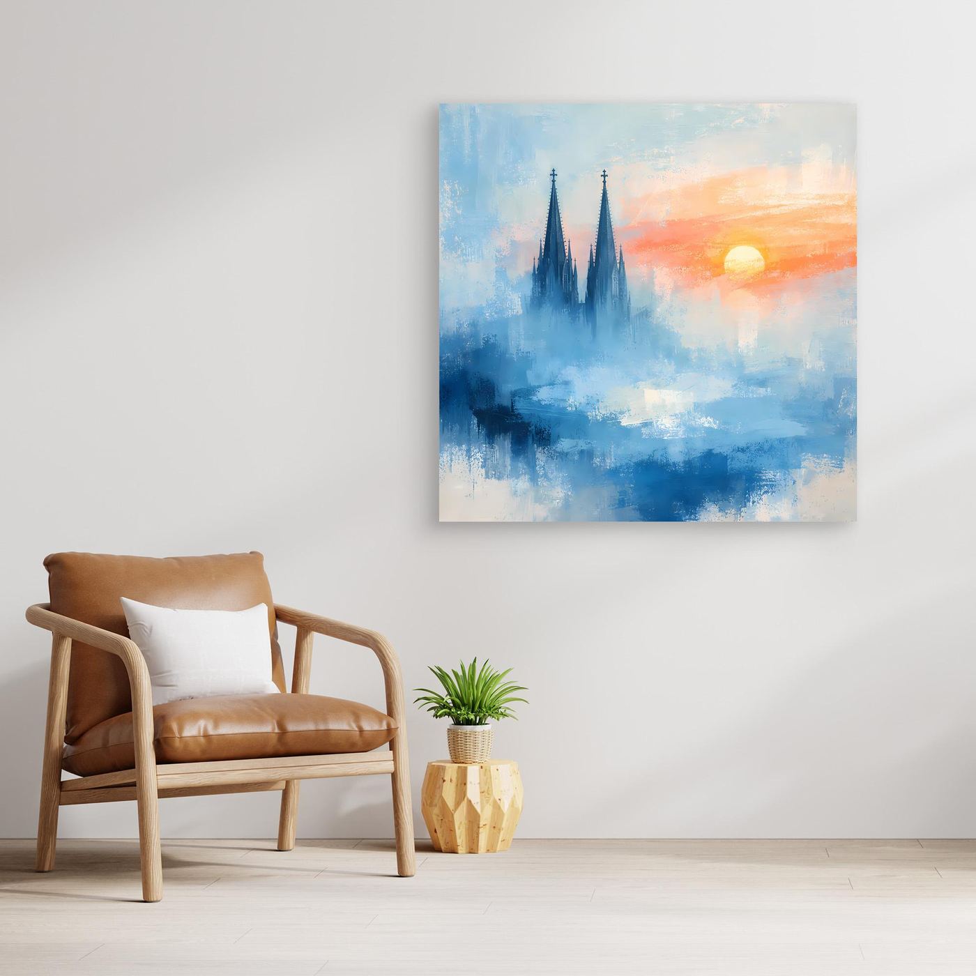 Kölner Dom Silhouette in Nebelblau | Moderne Abstrakte Leinwand mit Sonnenaufgang
