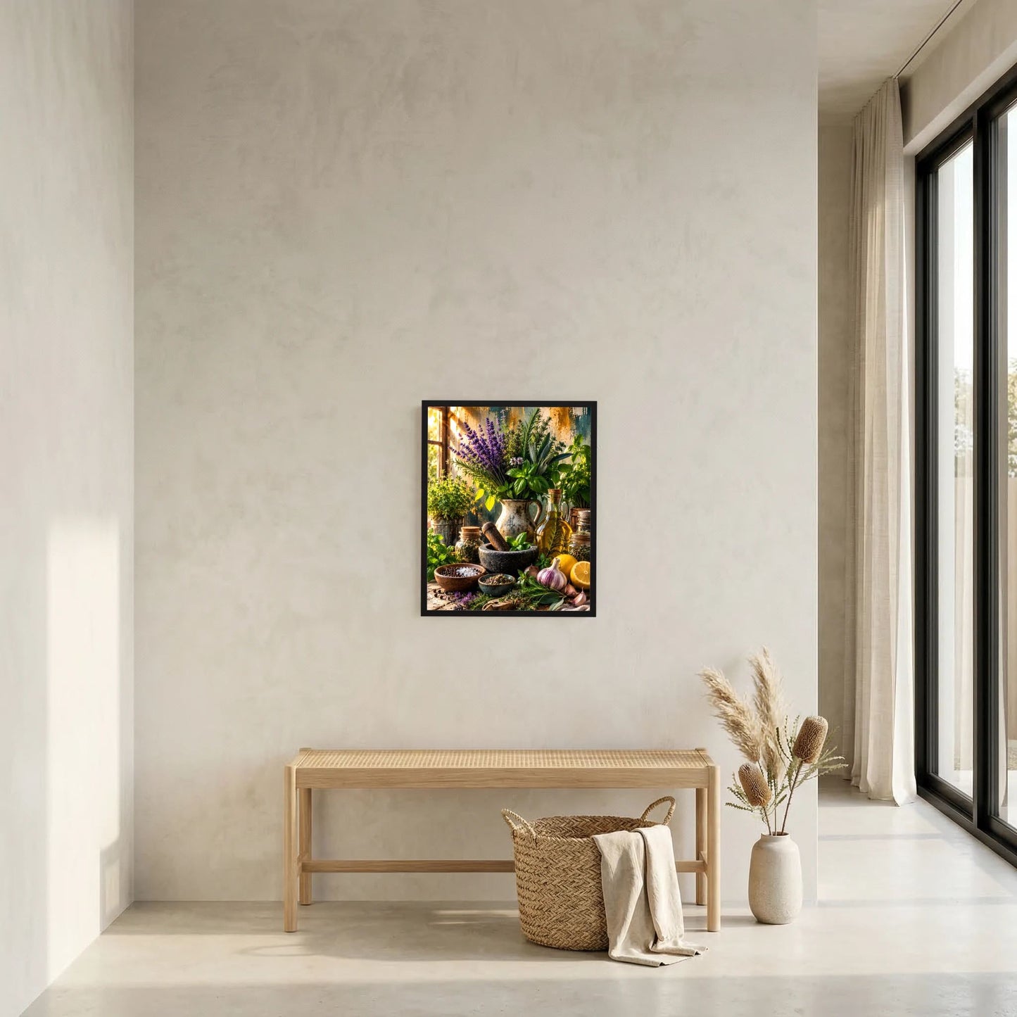 Gerahmtes Kräuterposter mit Lavendel und mediterranen Kräutern in Töpfen
