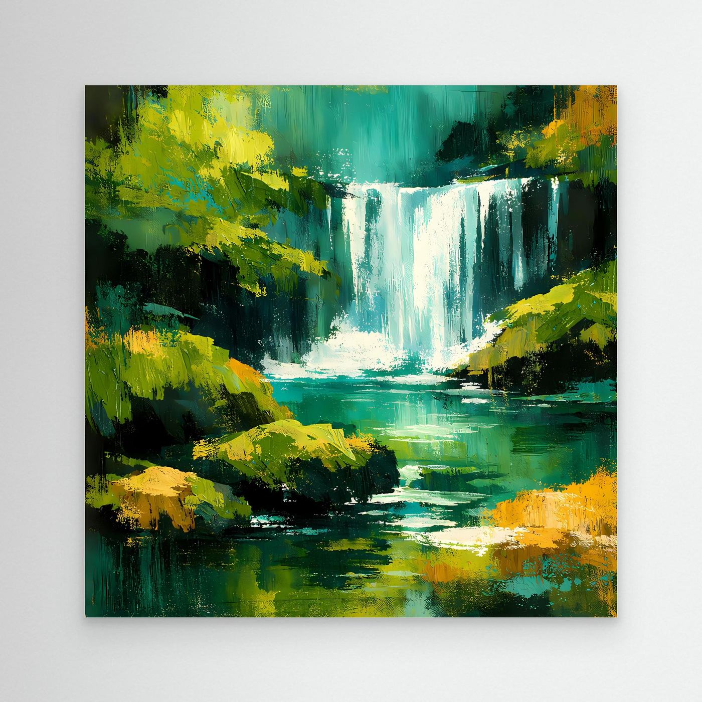 Wandbild mit abstraktem Dschungel-Wasserfall in Grün, Gelb und Türkis, ohne sichtbaren Rahmen