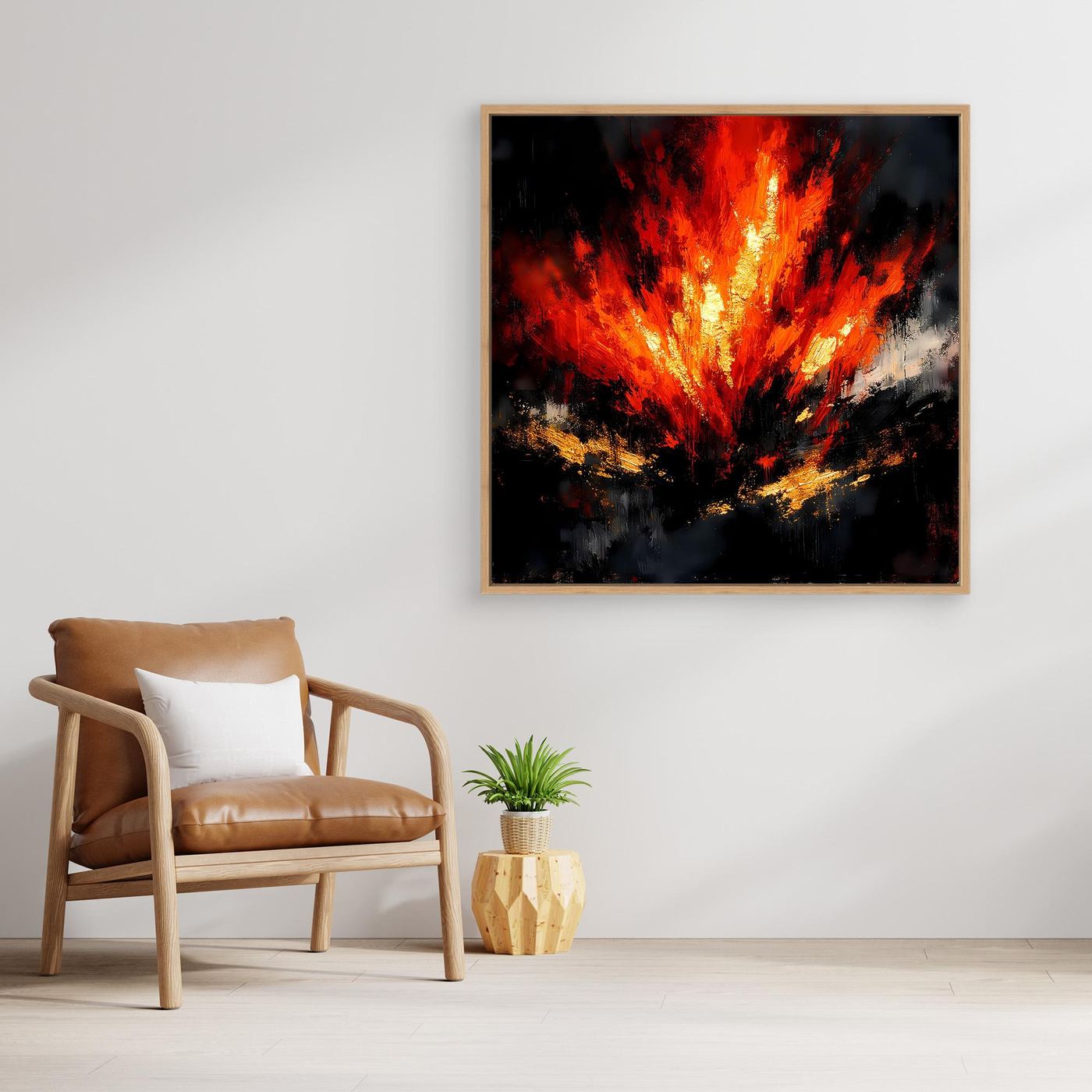 Leinwand-Wandbild: abstraktes Feuer in Rot/Orange, goldfarbener Rahmen auf dunklem Grund