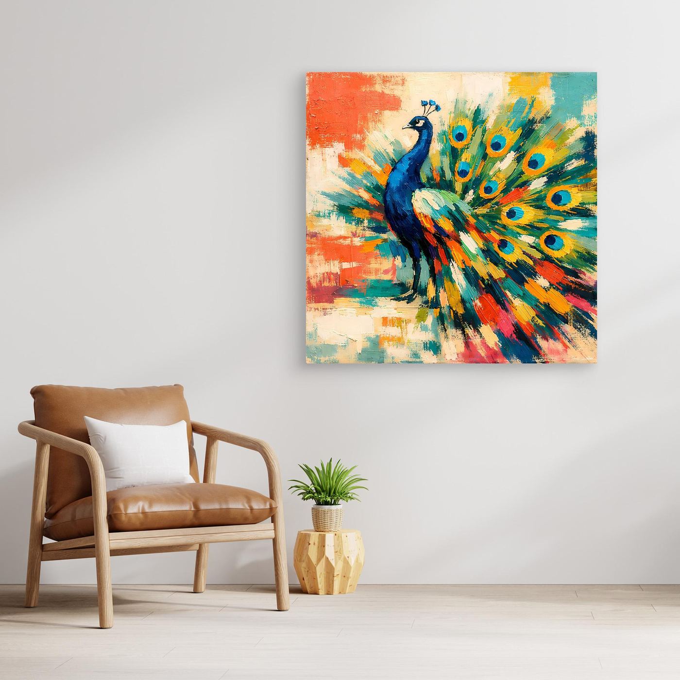 Peacock abstract canvas wall art with colorful feather plume, square framed print