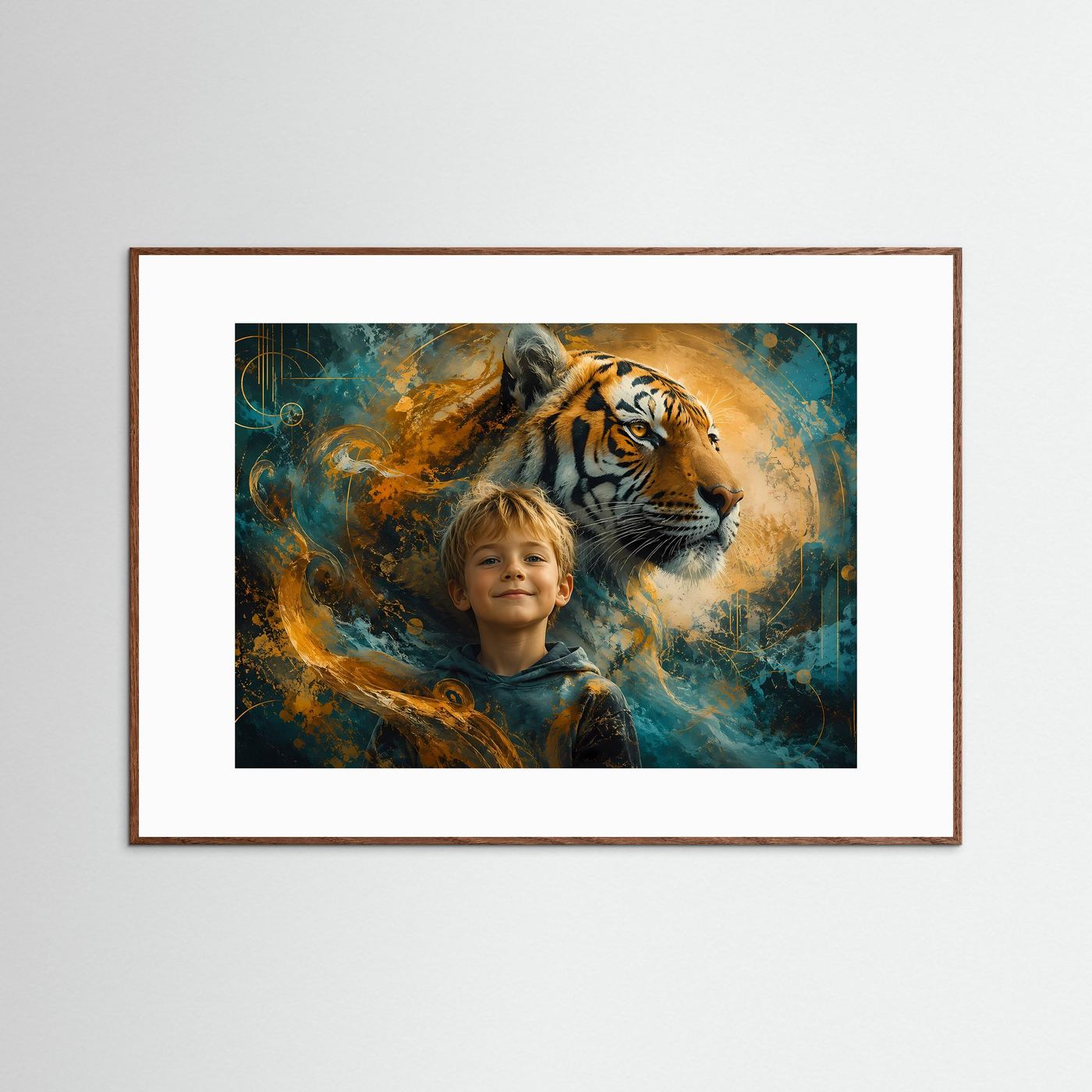 Gerahmtes Poster mit Junge und Tiger, türkis-goldene Tiergrafik, Querformat, Holzrahmen
