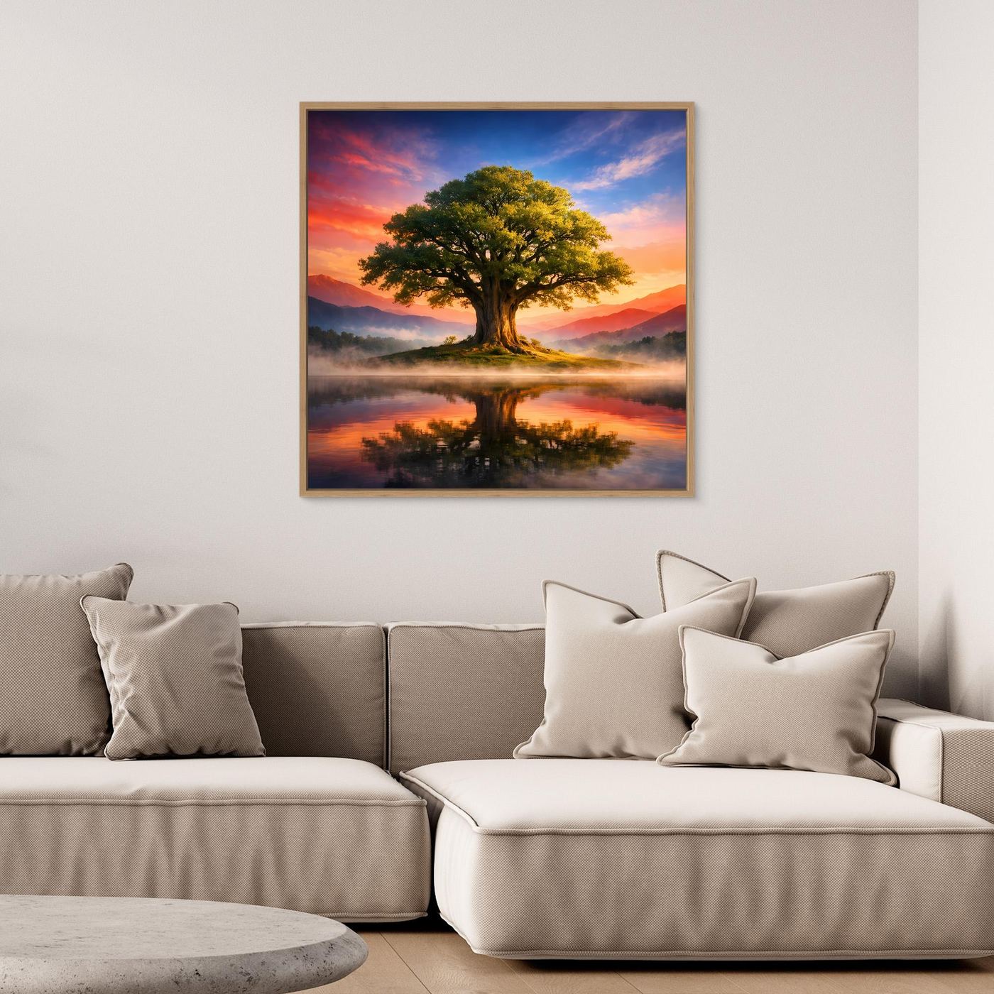 Leinwandbild: Baummotiv mit Sonnenuntergangsfarben und Wasserspiegelung, mit dunklem Rahmen