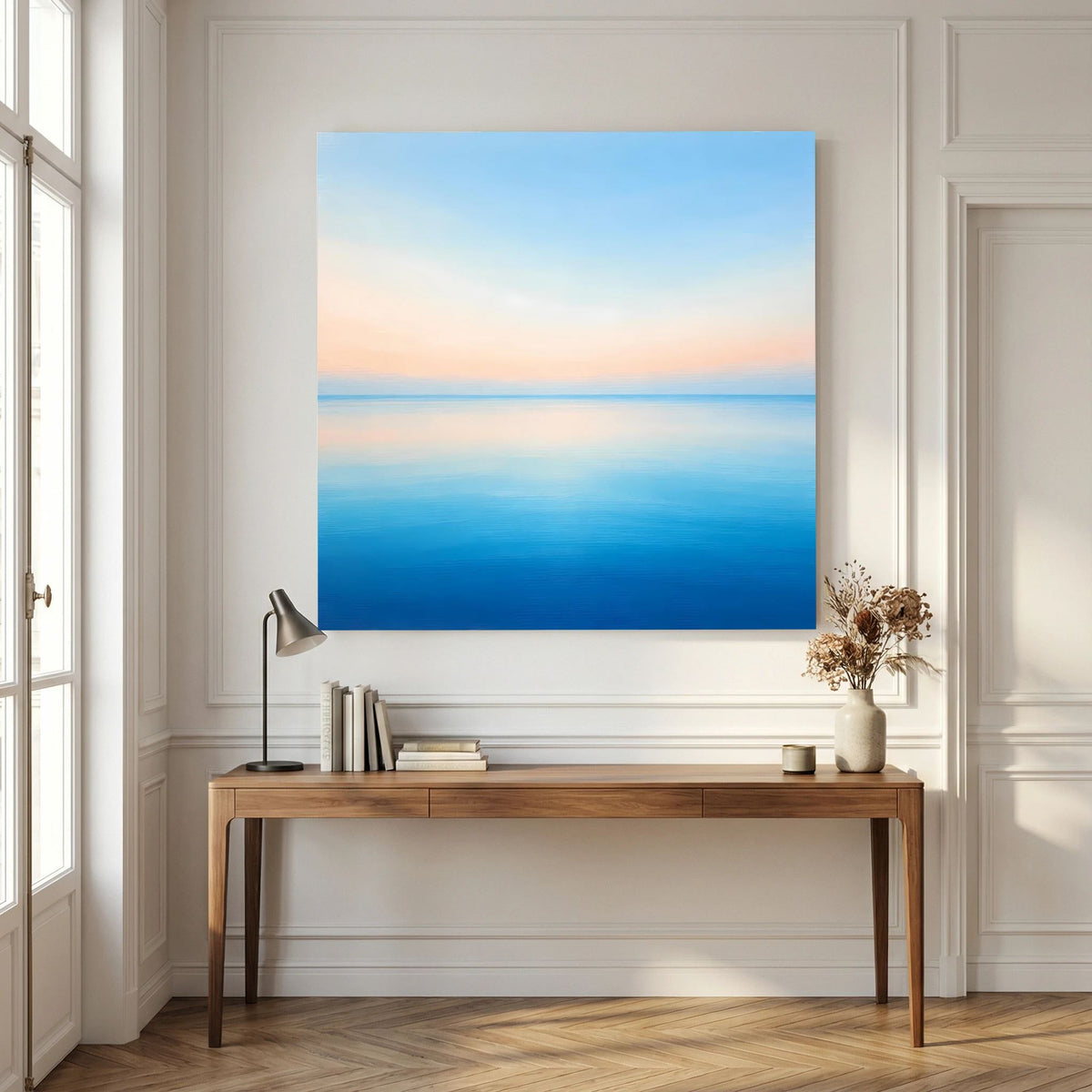 Quadratisches Leinwandbild mit Meerblick, Pastellwolken und Blauwasser im Farbverlauf