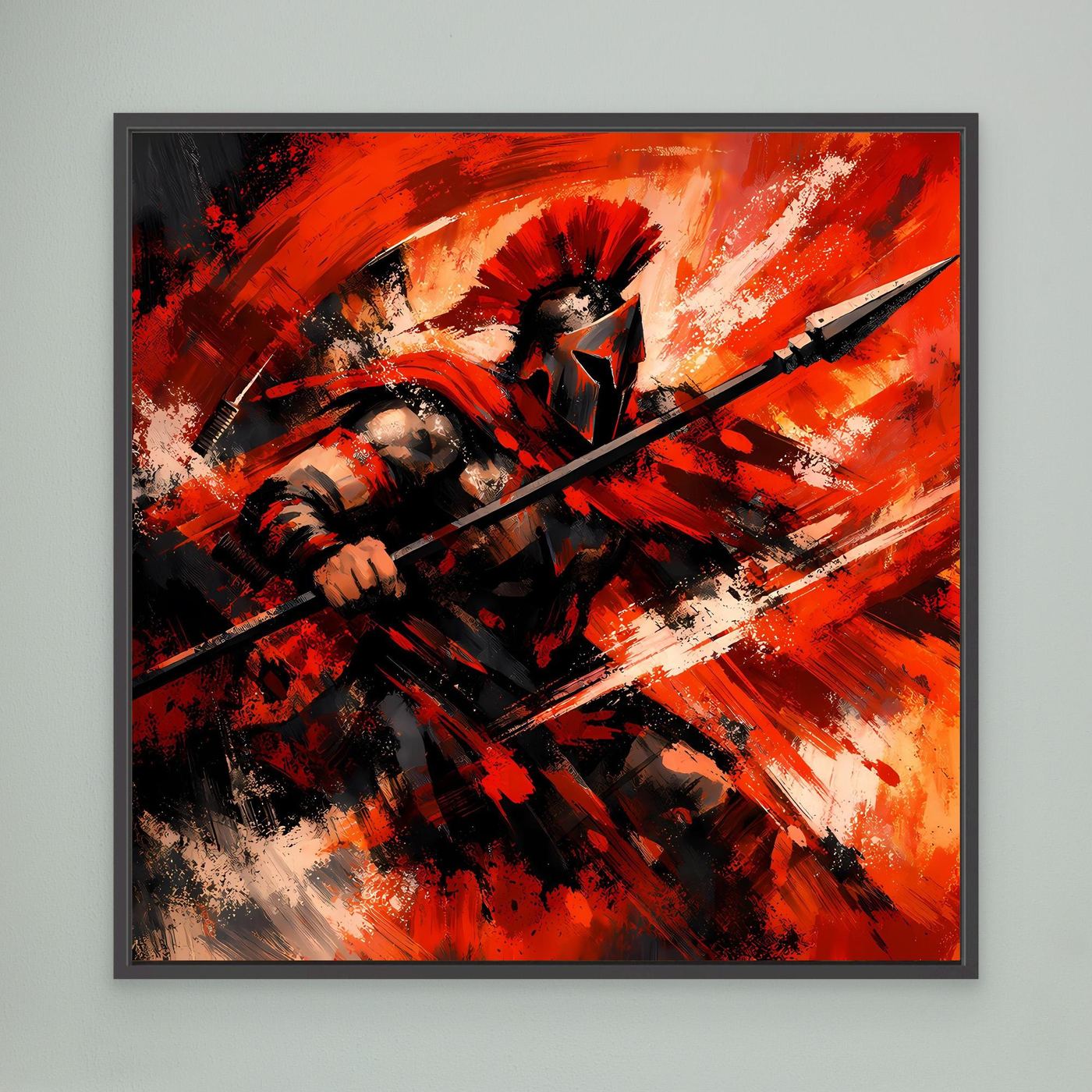 Gerahmtes Leinwandbild: Spartaner-Krieger in Rot/Orange, Speer sichtbar, schwarzer Rahmen