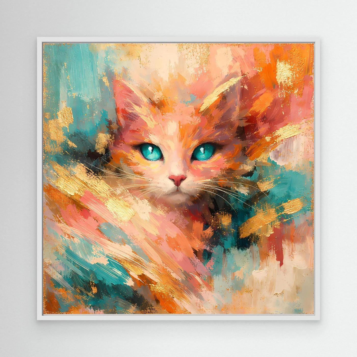 Leinwandbild abstrakte Katze mit türkisen Augen, orange-bunt, im weißen Rahmen