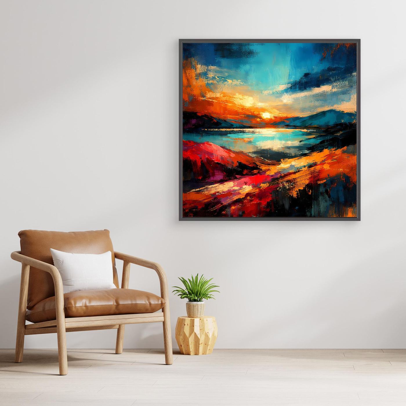 Abstraktes Leinwandbild mit Landschaftsmotiv in Blau, Rot und dunkelgrauem Rahmen