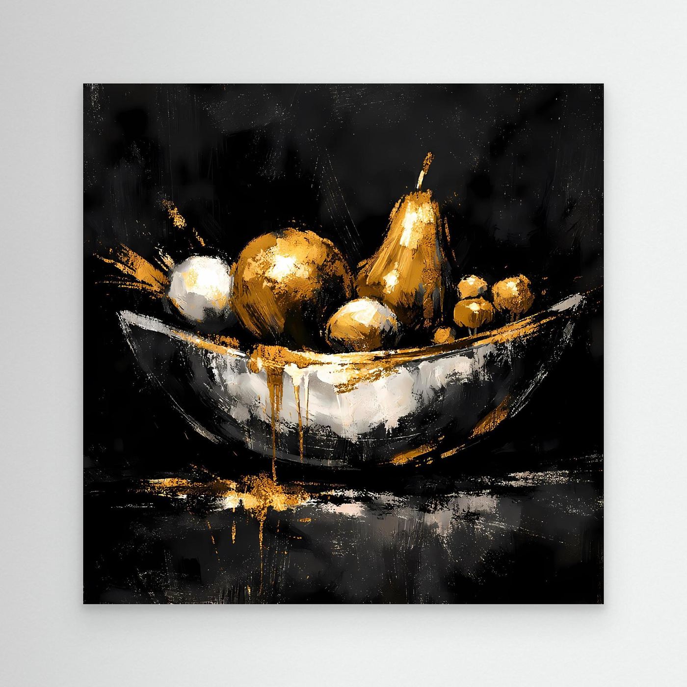 Leinwand Elegante Obstschale in Gold und Silber | Modernes Luxus Stillleben Wandbild