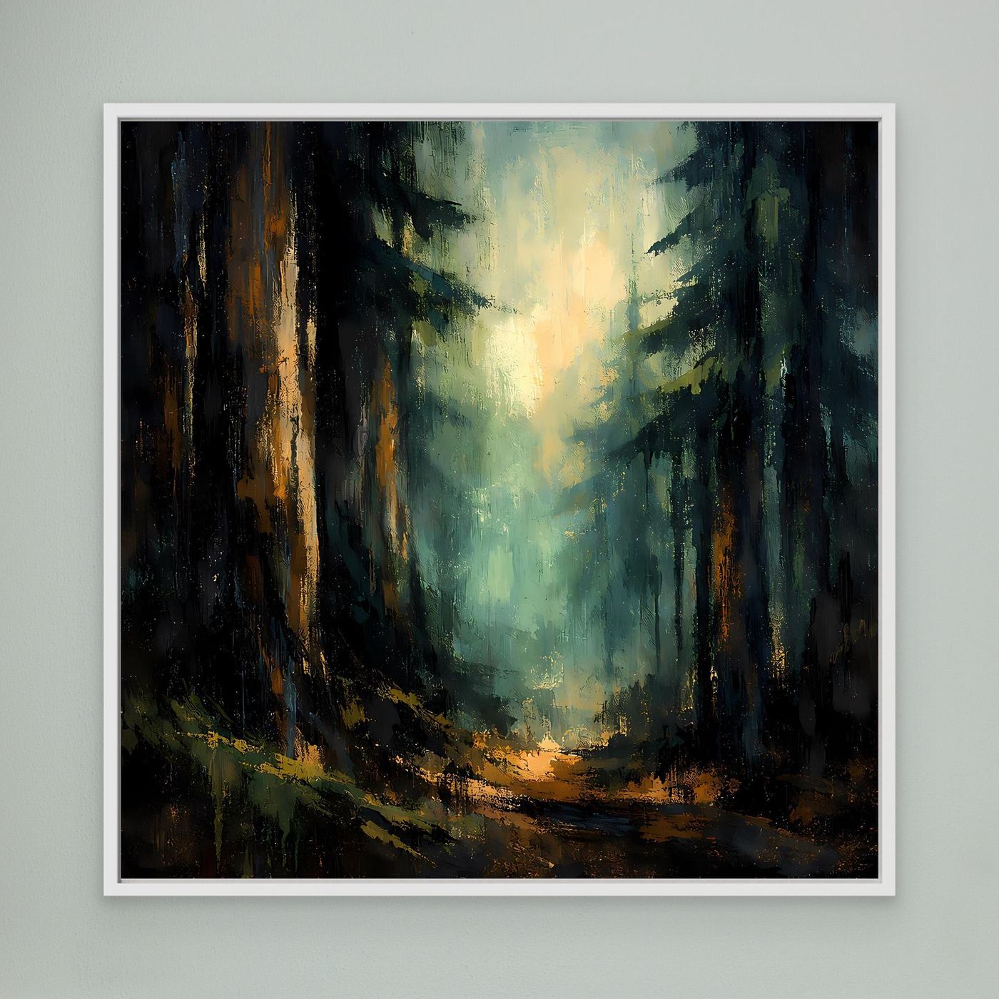 Wandbild: abstrakter Wald mit Licht, goldener Pfad, im weißen Rahmen