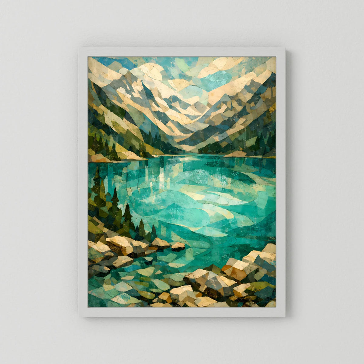 Kunstposter im Hochformat mit abstrakter Alpenlandschaft und türkisfarbener Spiegelung, weiß gerahmt