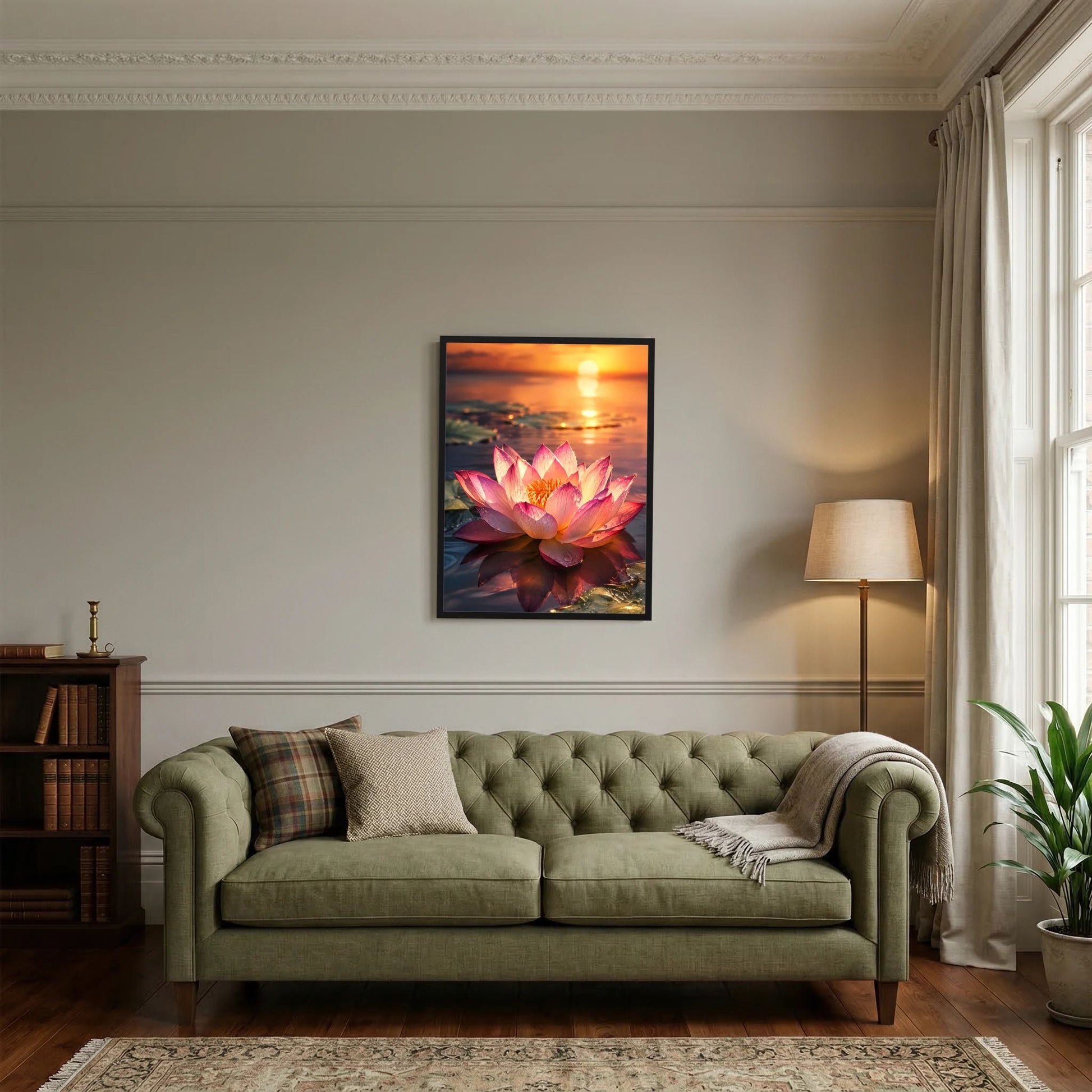 Gerahmtes Poster (Hochformat) mit rosa Lotusblüten und goldener Sonne am Horizont