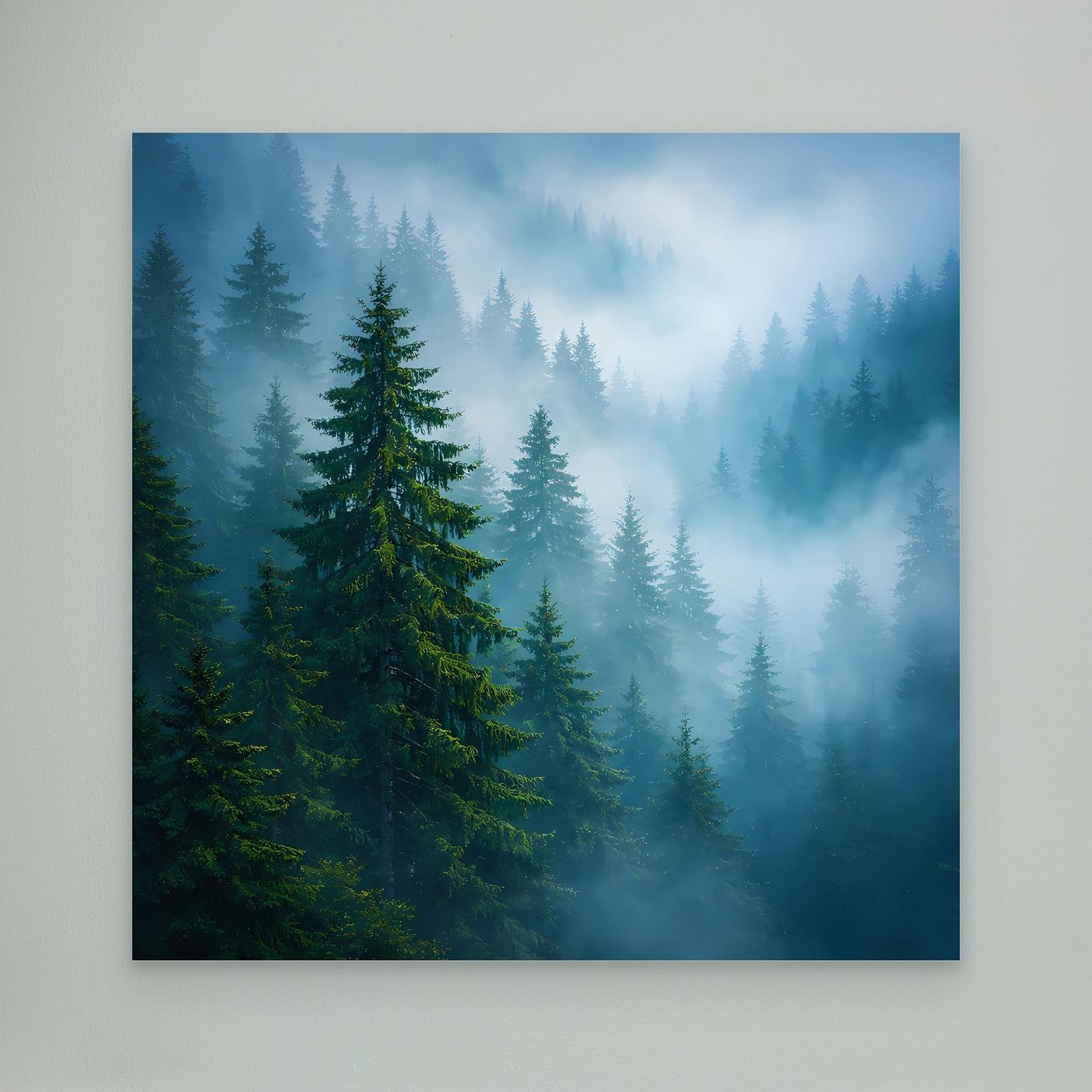 Leinwandbild Tannenwald im Nebel, ohne sichtbaren Rahmen