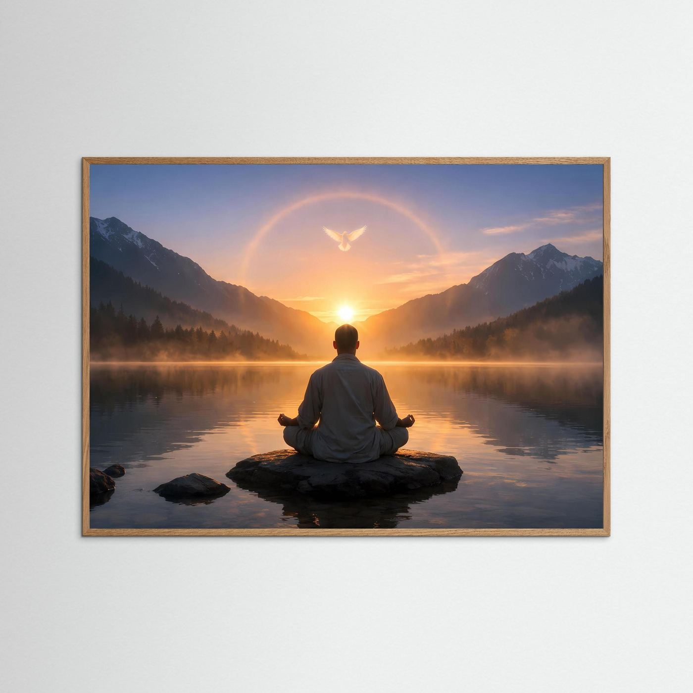 Gerahmtes Poster mit meditierender Person am Bergsee beim Sonnenaufgang, in dunklem Holrahmen