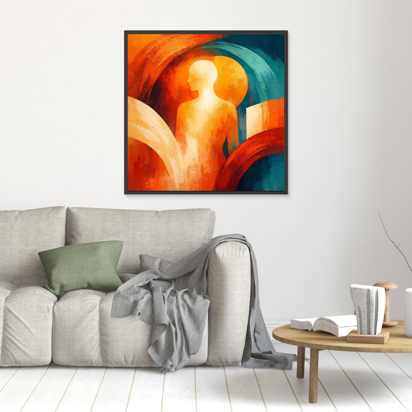 Kleines abstraktes Wandbild mit Silhouette, orange-gelber Sonne, türkisfarbene Bögen, dunkel gerahmt