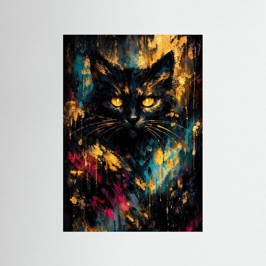 Abstraktes Katzen-Poster, türkis & gold, leuchtende Augen, schwarzer Rahmen