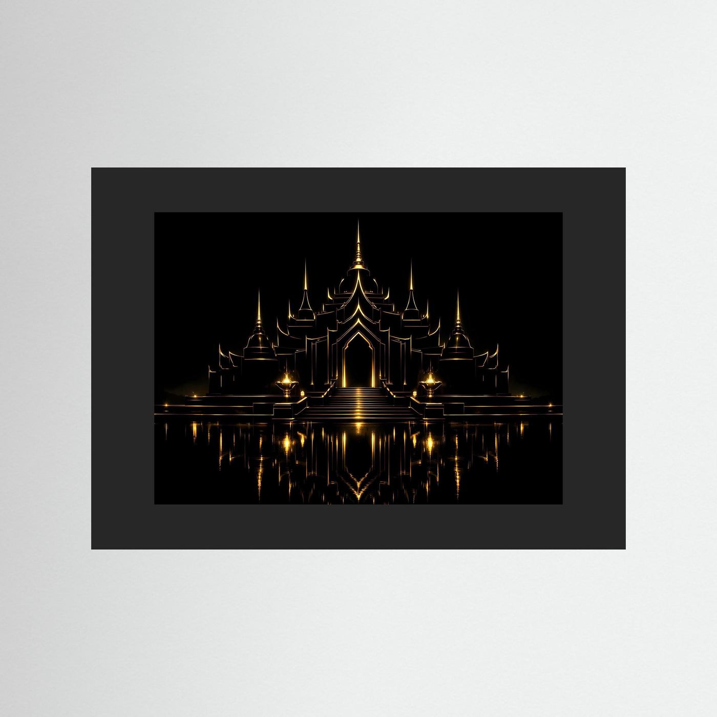 Poster mit goldener Tempelarchitektur, schwarzem Hintergrund, Spiegelbild, anthrazitfarbener Rahmen.