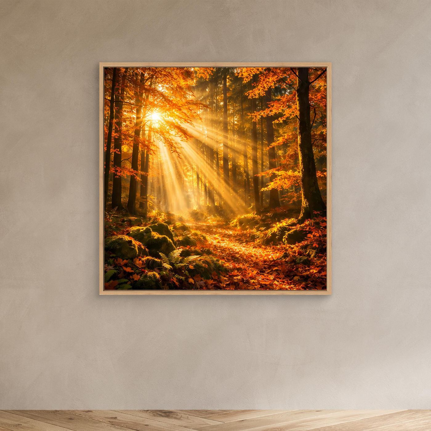 Leinwandbild Herbstwald-Motiv im Eichenrahmen mit warmen Lichtstrahlen durch Bäume