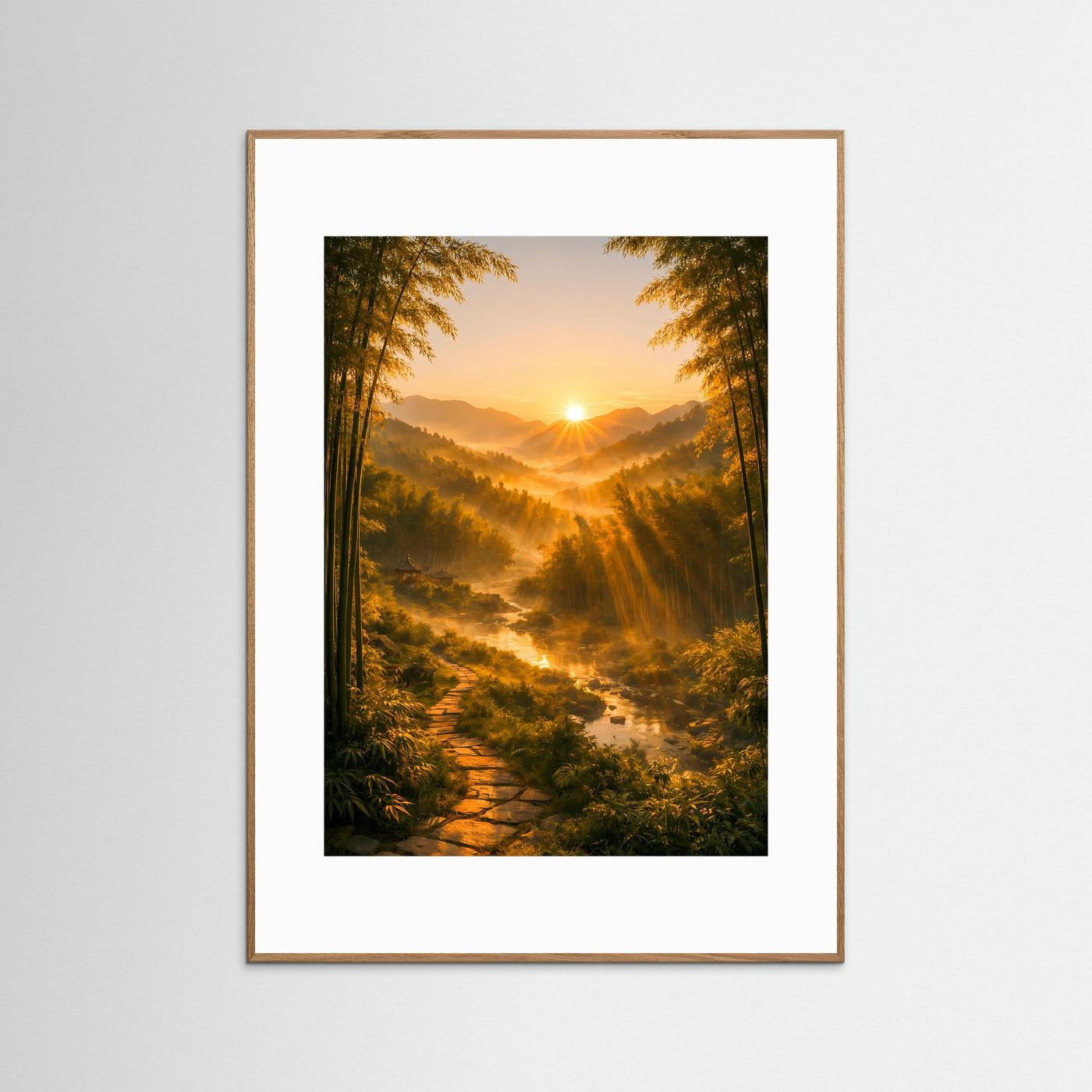 Wandposter im Hochformat mit Waldweg, goldenem Sonnenaufgang und braunem Rahmen