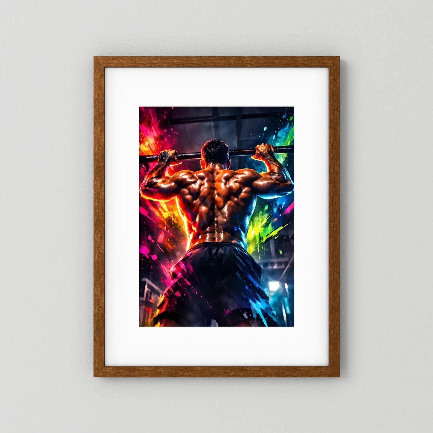 Fitness-Wandbild mit muskulösem Mann beim Klimmzug, farbige Spritzer, Eichenrahmen, weißer Rand