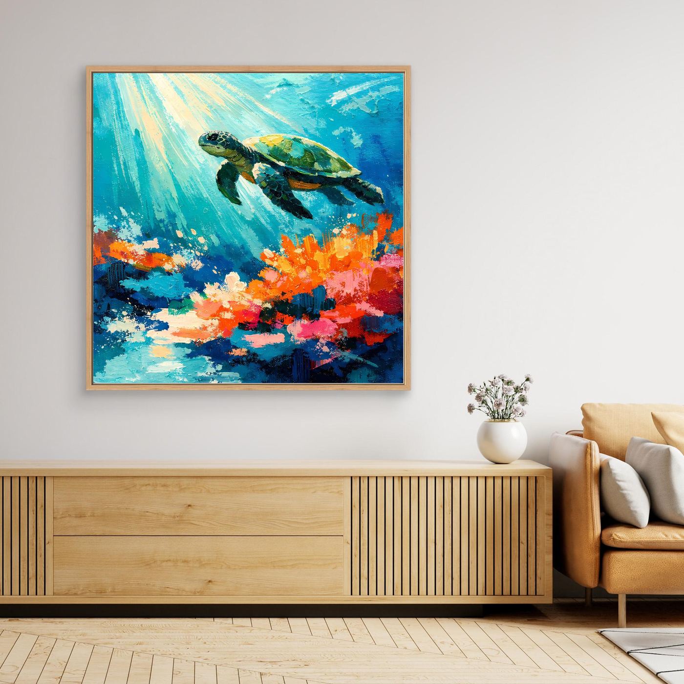 Leinwand Elegante Meeresschildkröte im Korallenriff | Abstraktes Ozean Wandbild