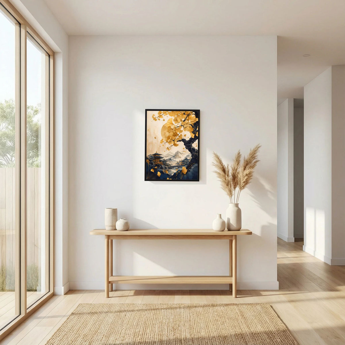 Hochformat-Poster im schwarzen Rahmen mit Ginkgobaum und asiatischer Berglandschaft