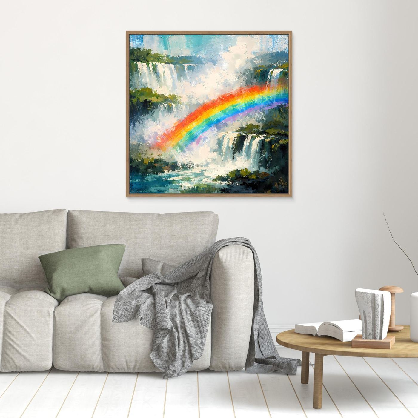 Abstraktes Wandbild mit Wasserfällen und Regenbogen, braun gerahmt