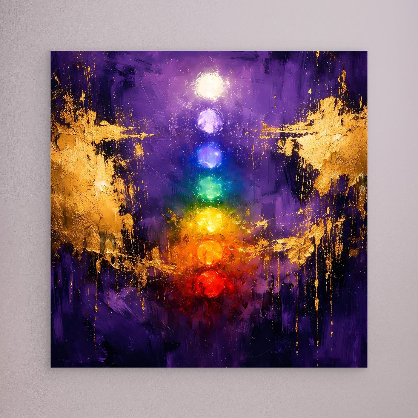 Leinwand Sieben Chakren auf tiefem Violett | Modernes Spirituelles Yoga Wandbild