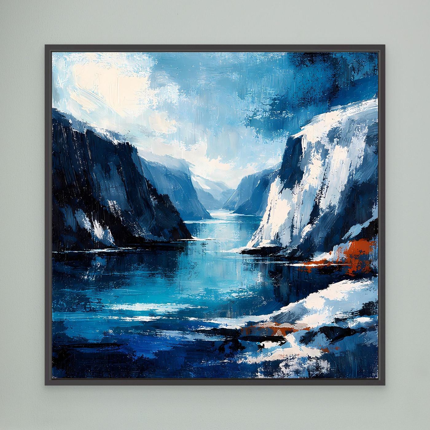 Leinwand-Wandbild mit abstrakter Felsküste und blauem Meer, dunkelgrau gerahmt