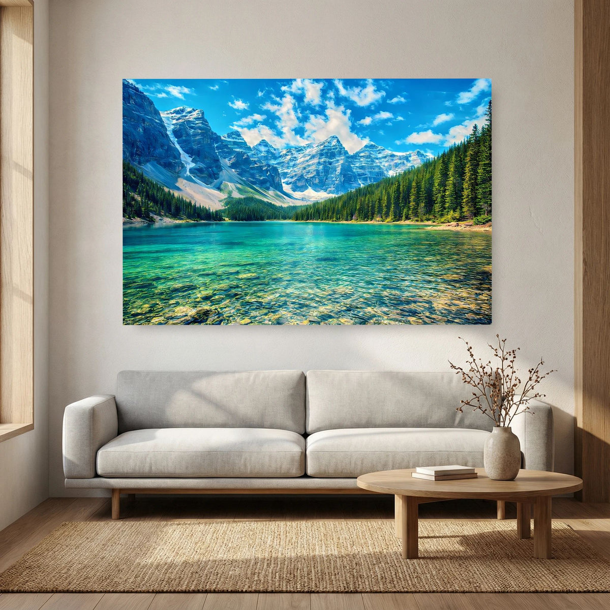 Wandbild mit Bergsee und Nadelwald, türkisfarbenes Wasser vor blauem Gebirge