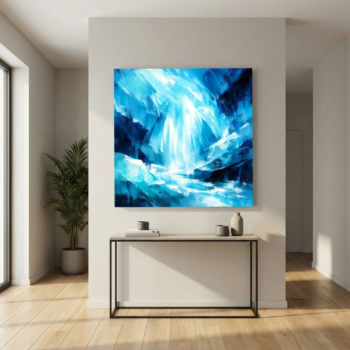 Abstraktes Leinwand-Wandbild in Blau: Eiswasserfall-Motiv mit hellem Strahlenband