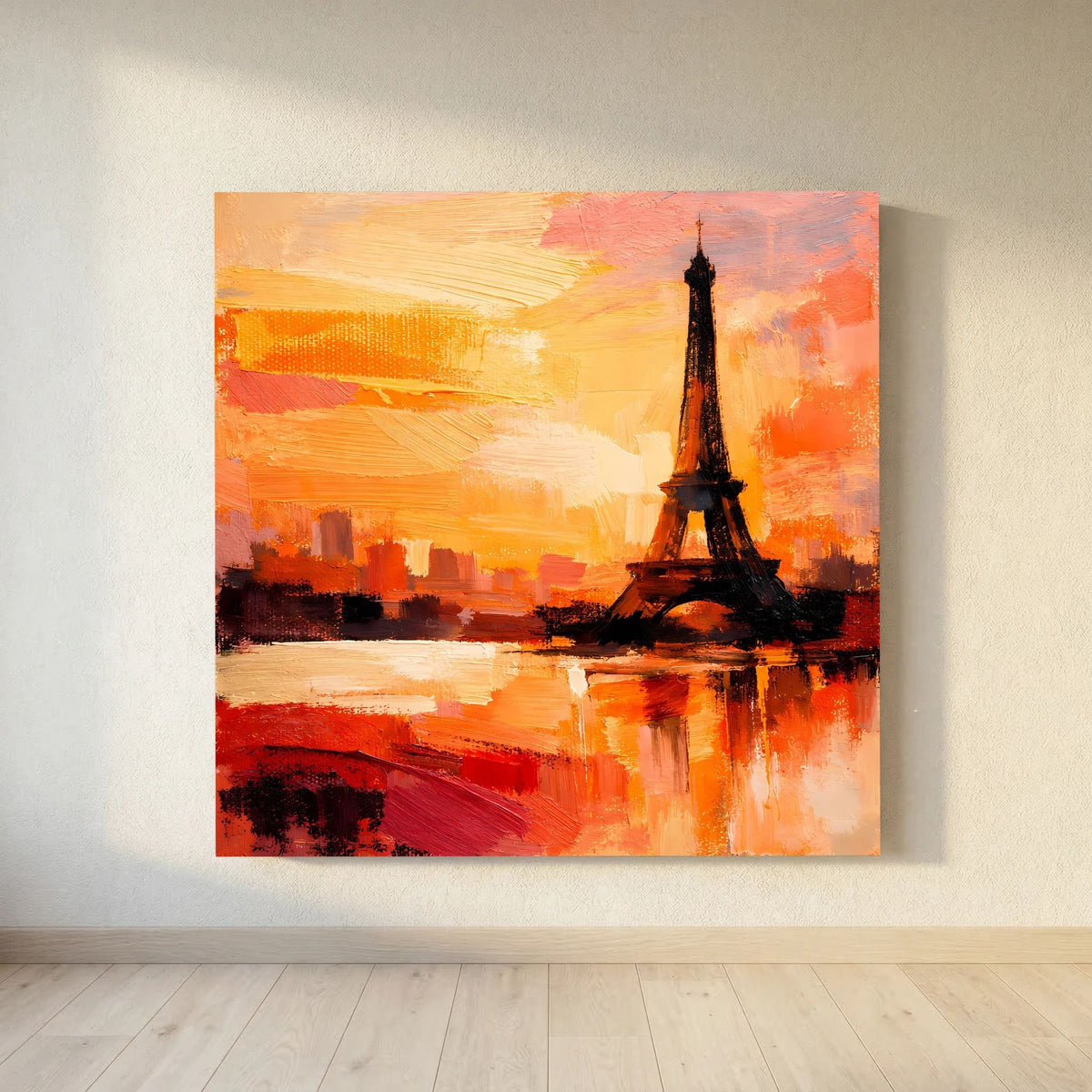 Leinwand Abstraktes Eiffelturm Paris Gemälde | Modernes Romantisches Wandbild Sonnenuntergang