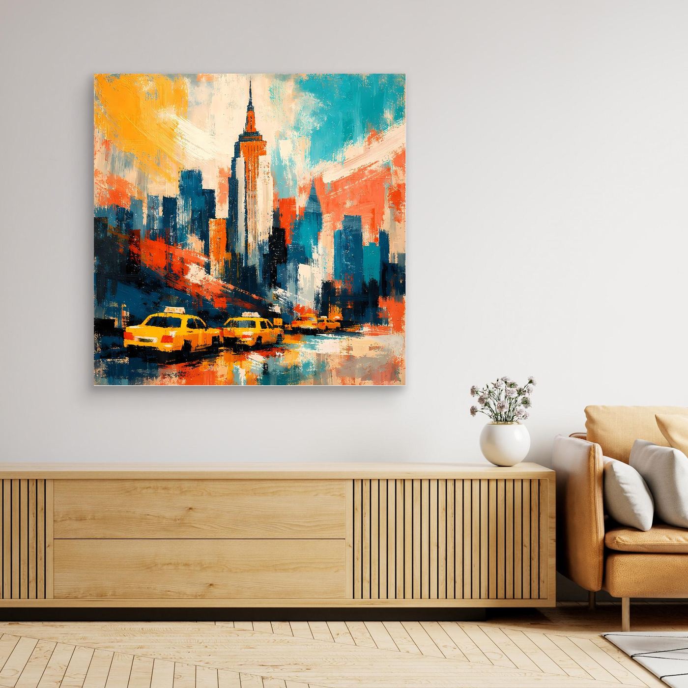 Leinwand-Wandbild mit New-York-Skyline und gelben Taxis, quadratisch, über Sideboard