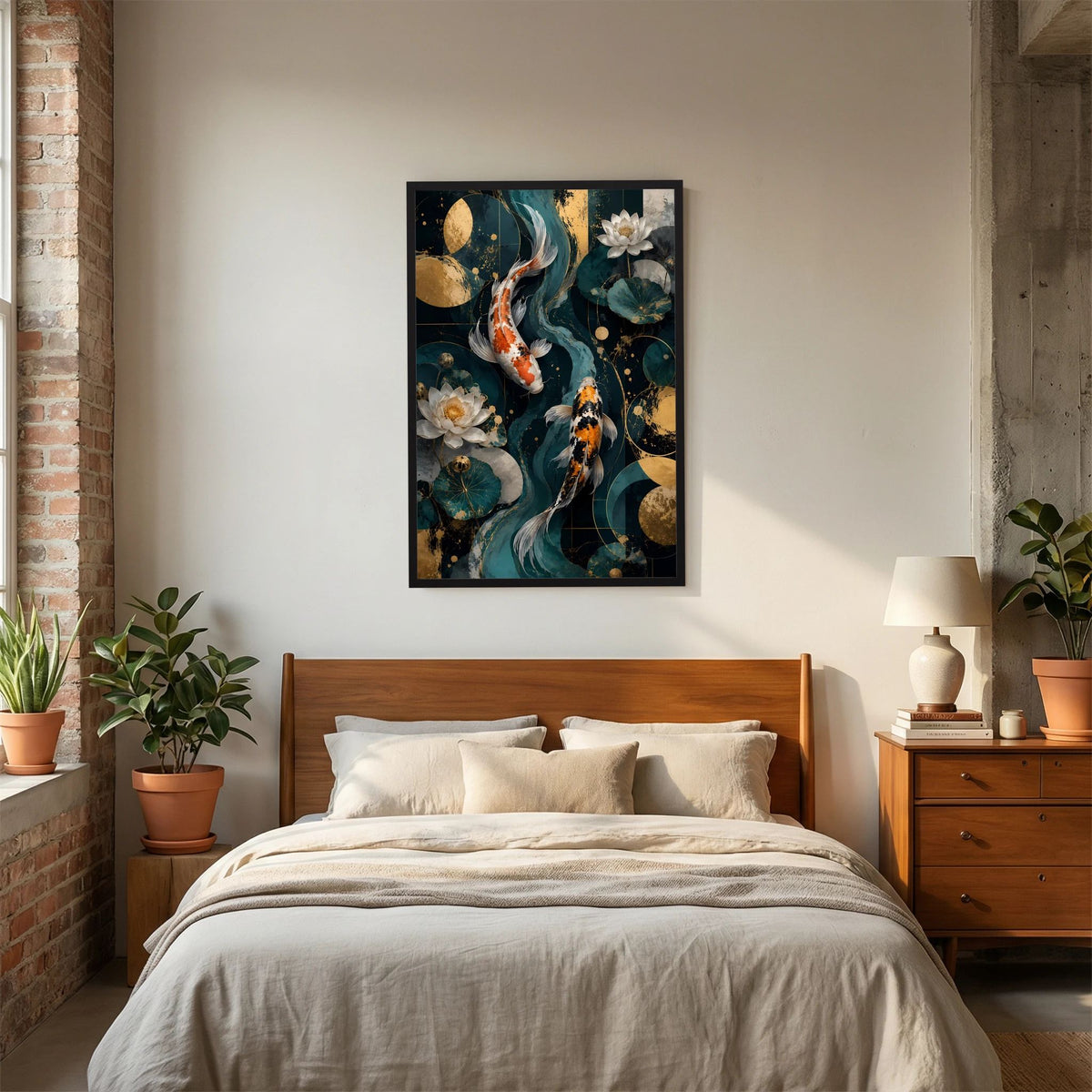 Japanisches Kunstposter im Hochformat mit Koi-Fischen und weißen Lotusblüten, schwarz gerahmt