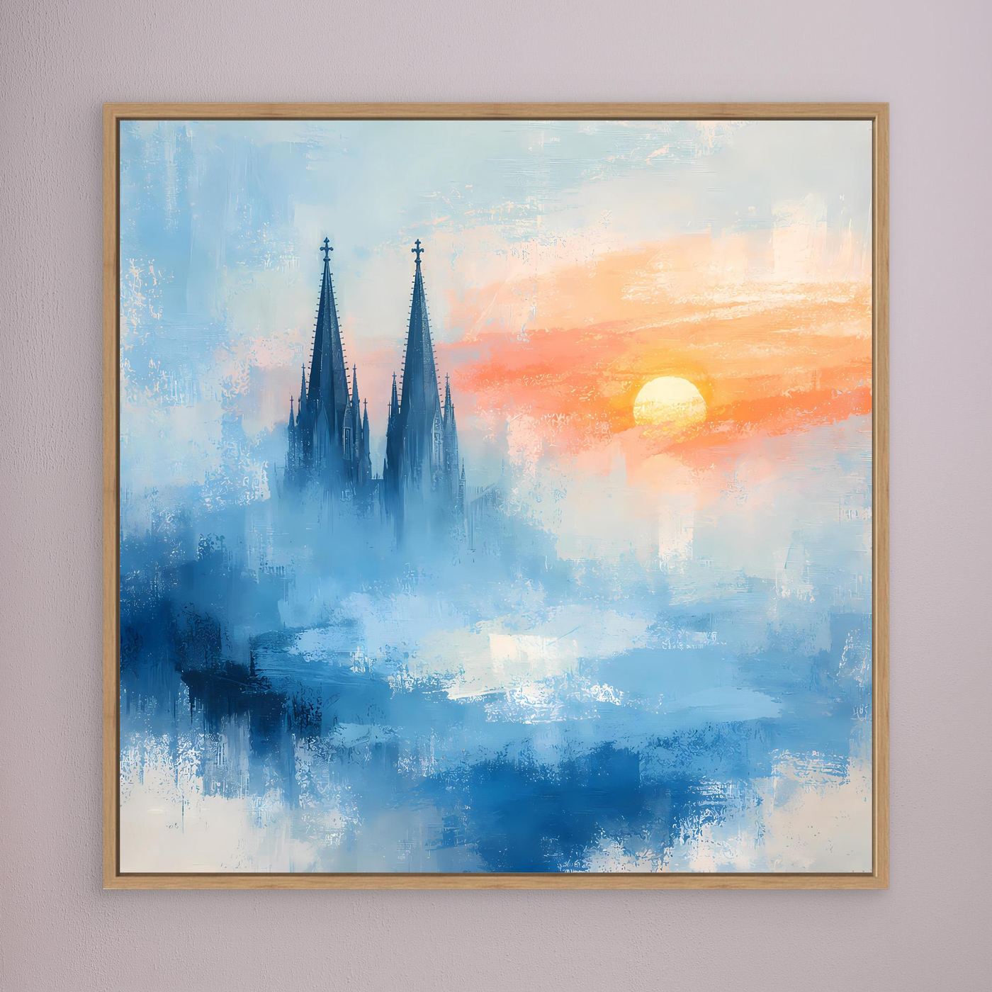 Kölner Dom Silhouette in Nebelblau | Moderne Abstrakte Leinwand mit Sonnenaufgang