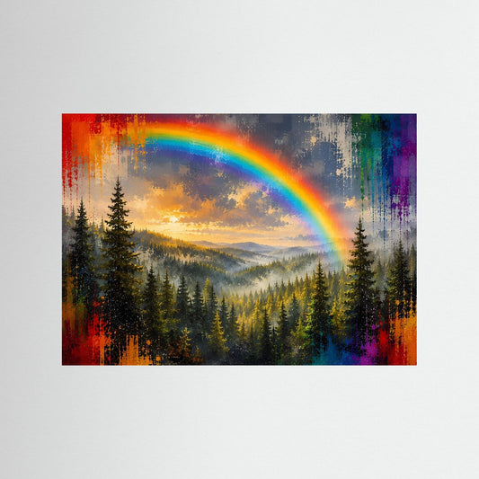 Panorama-Poster mit Regenbogen über Nadelwald-Landschaft und bunten Farbspritzern
