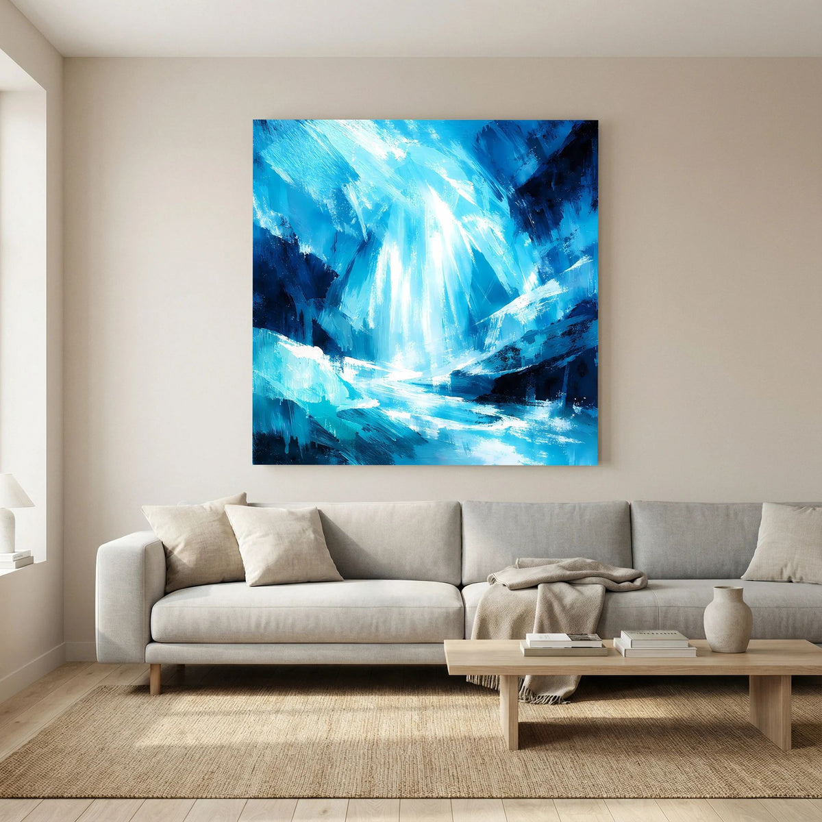 Blaues abstraktes Leinwand-Wandbild mit Lichtdurchbruch über Wasserfall-Flächen