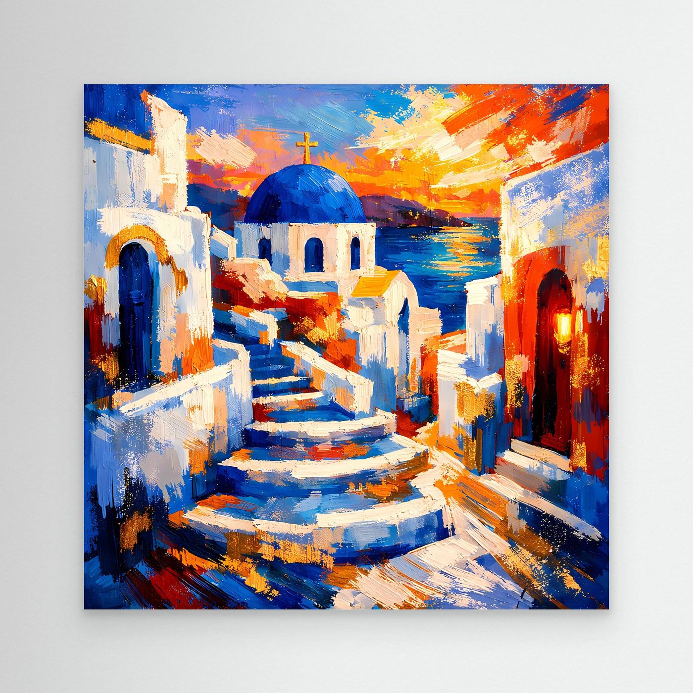 Leinwandbild mit farbenfroher Ansicht griechischer Häuser, Treppe und blauem Kuppeldach