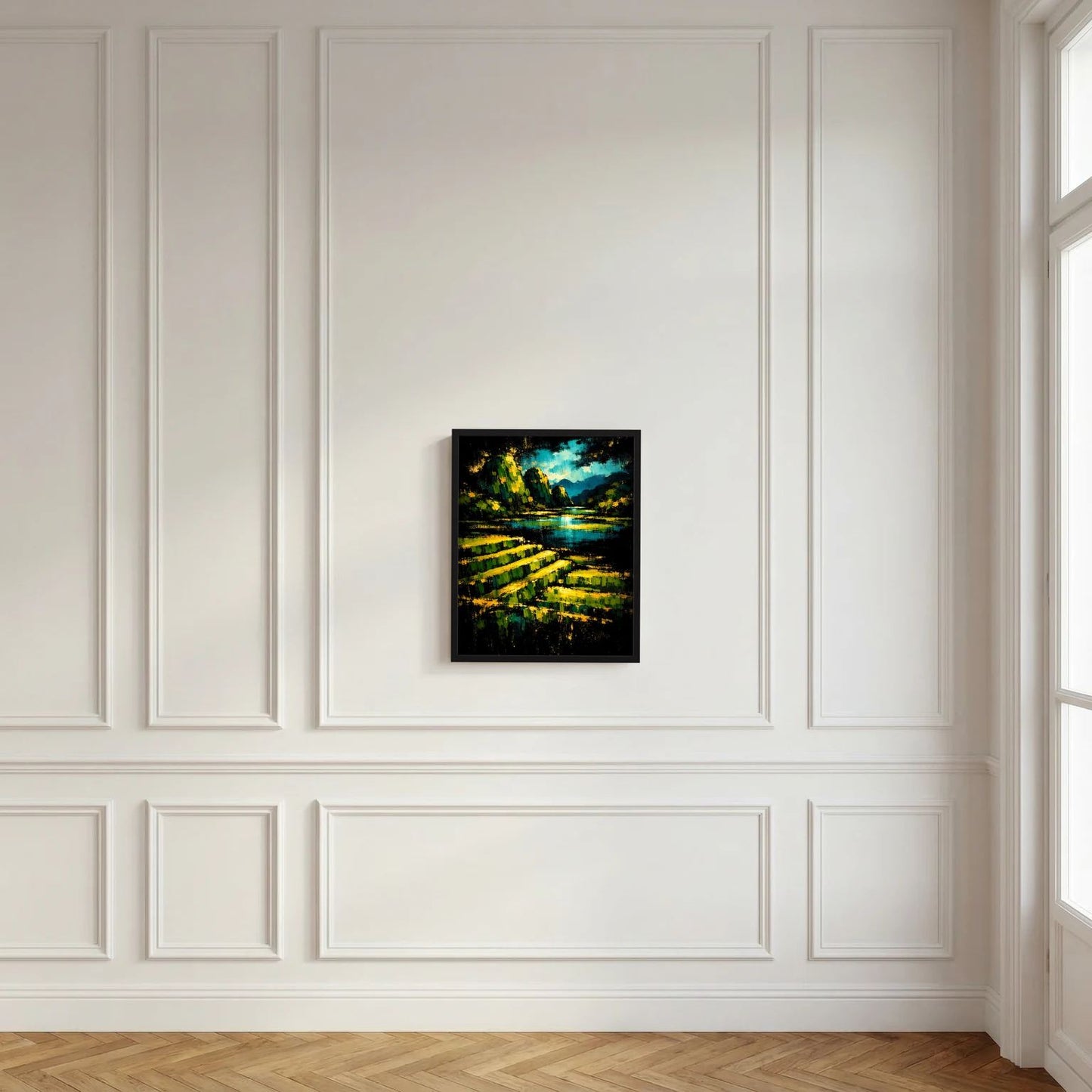 Wandposter mit schwarzem Rahmen: abstrakte Landschaft in Grün und Gelb mit blauem Horizont