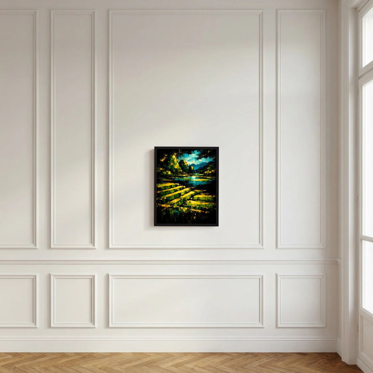 Wandposter mit schwarzem Rahmen: abstrakte Landschaft in Grün und Gelb mit blauem Horizont