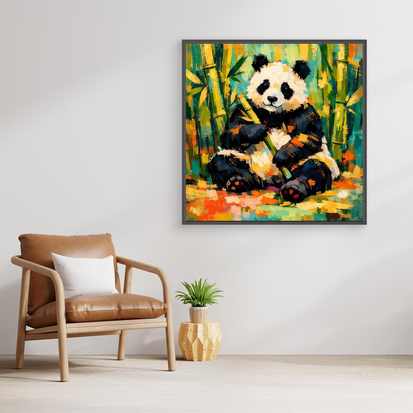 Leinwandbild mit sitzendem Panda im Bambuswald, bunt, abstrakt, schwarzer Rahmen