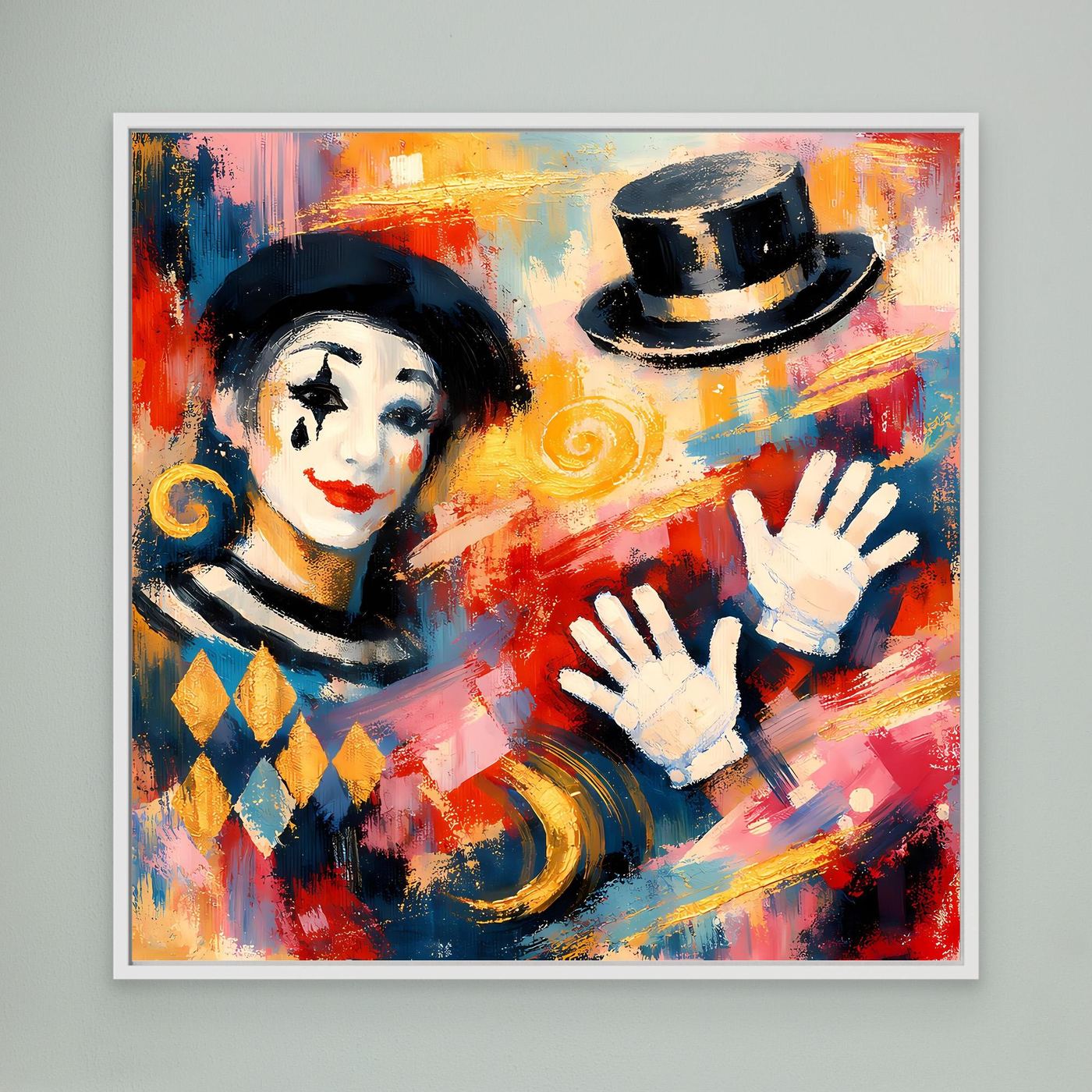 Leinwandbild: abstrakter Clown mit Zylinderhut, wehende Hände in Blau-Rot, weiß gerahmt